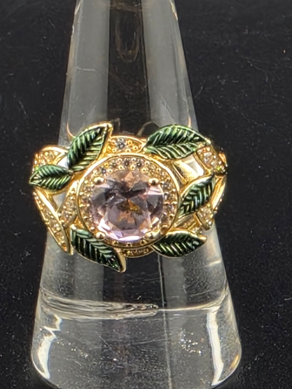 Chunky Vintage Style Pink Crystal Flower Green Enamel Leaves Cocktail Ring 7.5